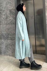 Lamelif Yıkamalı Uzun Triko Salaş Hırka Su Yeşili