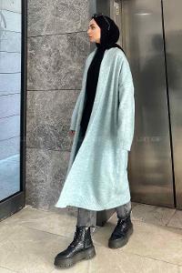 Lamelif Yıkamalı Uzun Triko Salaş Hırka Su Yeşili