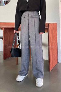 Gray Wool Cotton Normal Waist Linen Pants