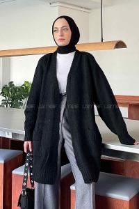 Lamelif Çift Cep Triko Hırka Siyah