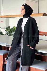 Lamelif Çift Cep Triko Hırka Siyah