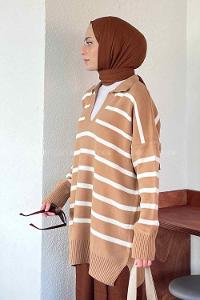 Lamelif Çizgili Polo Yaka Kazak Vizonrengi