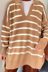 Lamelif Çizgili Polo Yaka Kazak Vizonrengi