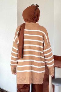 Lamelif Çizgili Polo Yaka Kazak Vizonrengi