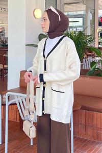 Lamelif Gold Düğmeli Hırka Krem