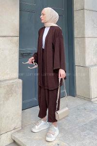 Bitter Brown Scarf Neck Long Arm Cotton Fabric Regular Trousers Carrot Pant Suit