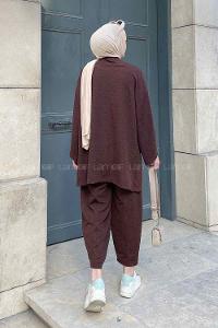Bitter Brown Scarf Neck Long Arm Cotton Fabric Regular Trousers Carrot Pant Suit