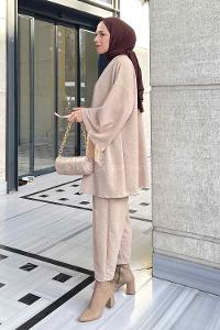 Cream Scarf Neck Long Arm Cotton Fabric Regular Trousers Carrot Pant Suit