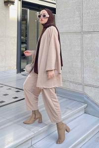 Cream Scarf Neck Long Arm Cotton Fabric Regular Trousers Carrot Pant Suit