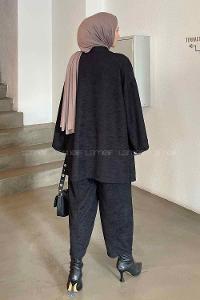 Black Scarf Neck Long Arm Cotton Fabric Regular Trousers Carrot Pant Suit