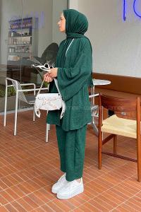 Emerald Green Scarf Neck Long Arm Cotton Fabric Regular Trousers Carrot Pant Suit