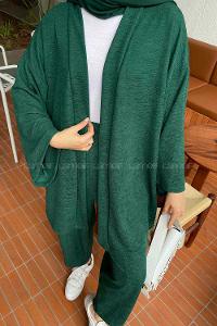 Emerald Green Scarf Neck Long Arm Cotton Fabric Regular Trousers Carrot Pant Suit