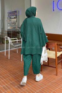 Emerald Green Scarf Neck Long Arm Cotton Fabric Regular Trousers Carrot Pant Suit