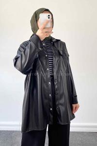 Black Shirt Collar Long Arm Faux Leather Unprinted Shirt