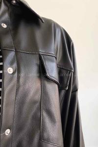Black Shirt Collar Long Arm Faux Leather Unprinted Shirt