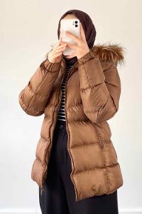 Lamelif Vladya Kapüşon Kürk Detaylı Şişme Mont Vizonrengi