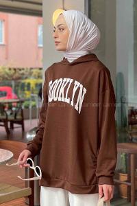 Lamelif Brooklyn Baskı Detaylı Kapüşonlu Sweatshirt Acı Kahve