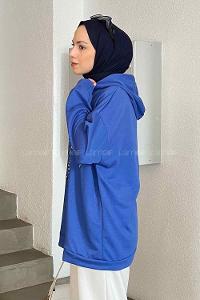Lamelif California Baskı Detaylı Kapüşonlu Sweatshirt Saks Mavisi