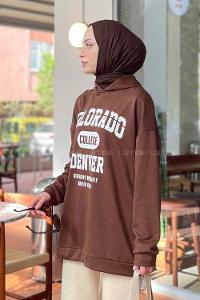 Lamelif Colorado Baskı Detaylı Kapüşonlu Sweatshirt Acı Kahve