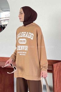 Camel Hood Neck Long Arm Printed Sweatshirt