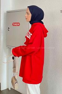 Red Hood Neck Long Arm Printed Sweatshirt