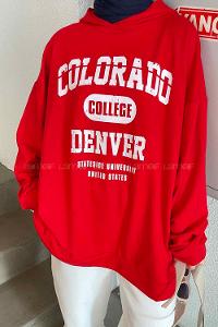 Red Hood Neck Long Arm Printed Sweatshirt