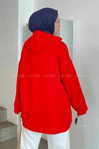 Red Hood Neck Long Arm Printed Sweatshirt