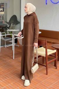 Bitter Brown Hood Neck Knitwear Unprinted Dresess
