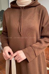 Bitter Brown Hood Neck Knitwear Unprinted Dresess