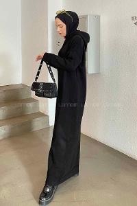 Lamelif Kapşonlu Triko Elbise Siyah