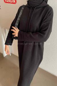 Lamelif Kapşonlu Triko Elbise Siyah