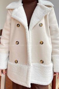 Lamelif Önü Boydan Düğmeli Kürklü Mont Taş Rengi