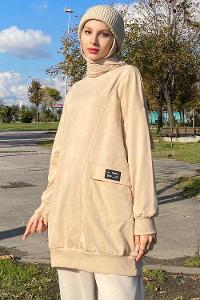 Beige Crew Neck Cotton Fabric Unprinted Tunic