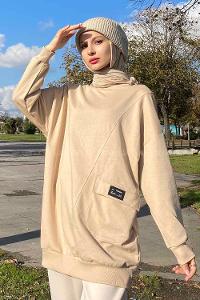 Beige Crew Neck Cotton Fabric Unprinted Tunic