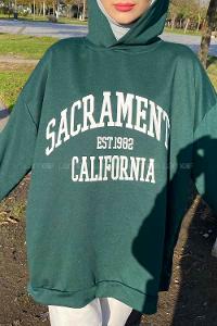 Emerald Green Hood Neck Long Arm Printed Sweatshirt