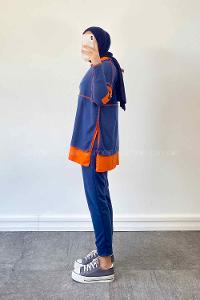 Indigo Hood Neck Long Arm Cotton Fabric Regular Trousers Suit
