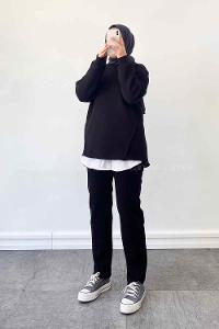 Black Medium Crew Neck Long Arm Cotton Fabric Regular Trousers Comfortable Suit