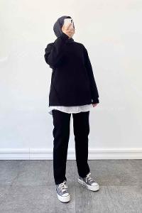 Black Medium Crew Neck Long Arm Cotton Fabric Regular Trousers Comfortable Suit