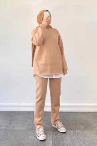 Brown With Milk Medium Crew Neck Long Arm Cotton Fabric Regular Trousers Comfortable Suit