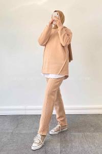 Brown With Milk Medium Crew Neck Long Arm Cotton Fabric Regular Trousers Comfortable Suit