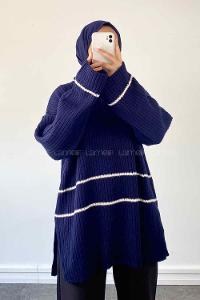 Navy Blue Zippered Neck Knitwear Tunic