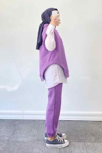 Purble Hood Neck Zero Arm Cotton Fabric Elastic Trousers Comfortable Suit