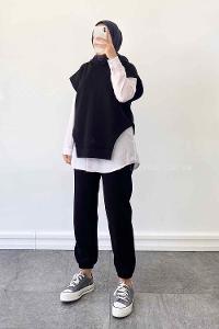 Black Hood Neck Zero Arm Cotton Fabric Elastic Trousers Comfortable Suit