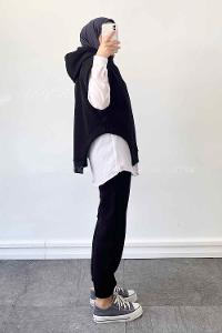 Black Hood Neck Zero Arm Cotton Fabric Elastic Trousers Comfortable Suit