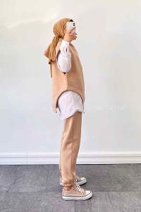 Brown With Milk Hood Neck Zero Arm Cotton Fabric Elastic Trousers Comfortable Suit