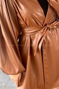 Lamelif Kruvaze Yaka Deri Mont Kahve