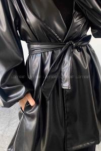 Lamelif Kruvaze Yaka Deri Mont Siyah