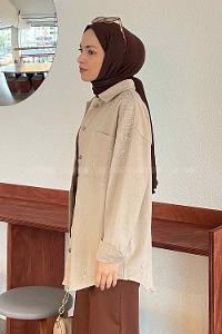 Modalamelif Lazer Kesim Detaylı Taşlı Gömlek Bej