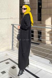 Lamelif Balon Kol Triko Tesettür Elbise Siyah