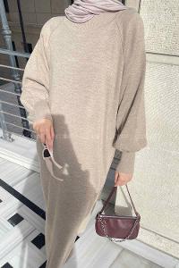 Lamelif Balon Kol Triko Elbise Vizonrengi